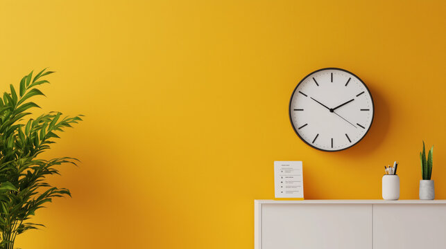 Sleek Wall Clock and Employee Time Card Displaying Attendance Information on a Vibrant Orange Background &ndash; Clean and Professional Design for Banners with Text Space