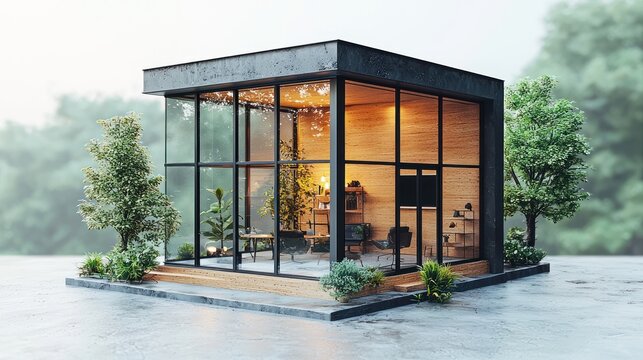 Modern glass tiny house in a garden setting, suitable for showcasing modern tiny homes or a contemporary lifestyle