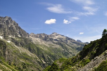 mountain landscape with blue sky,  tour of the Ecrins and Oisans Massif, hiking, trek, GR54, Alps, France, summer, holidays.