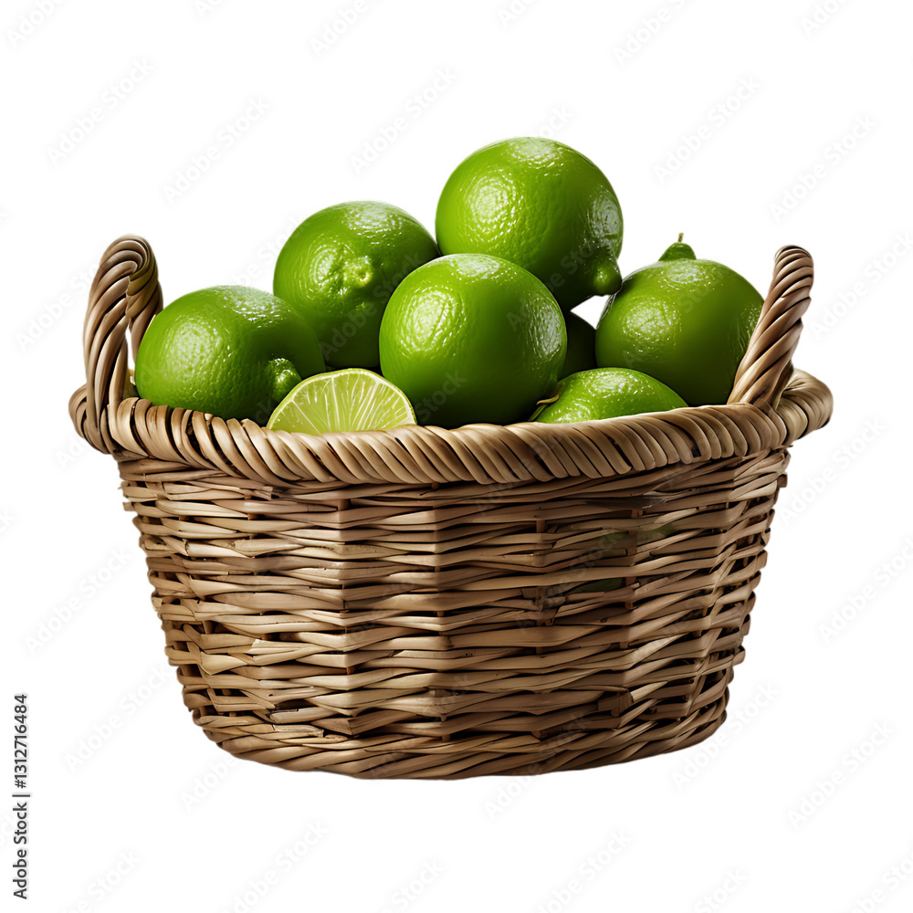 Poster limes in a rustic wicker basket - high-quality png cutout with transparent backdrop for creative use