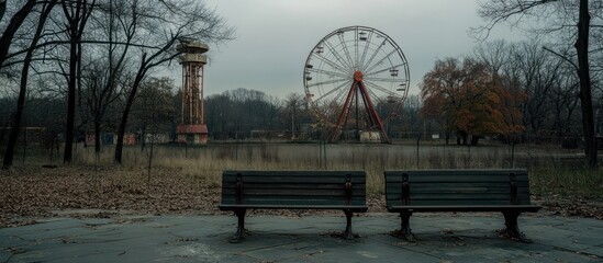 Obraz premium Abandoned park benches face Ferris wheel, tower; autumn leaves, overcast sky