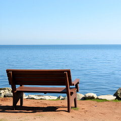 Serene seascape with a wooden bench overlooking calm waters at a coastal location.