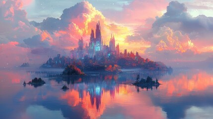 Obraz premium Fantasy island city sunset reflection landscape