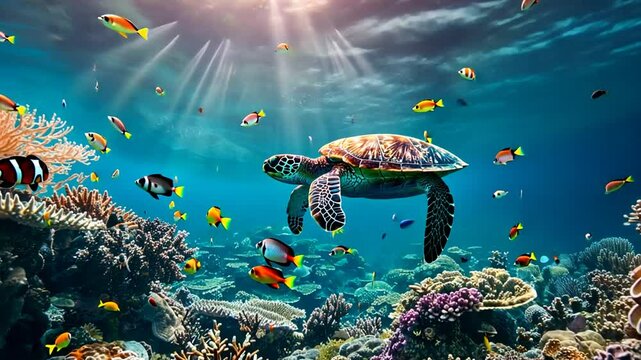 Meeresschildkr&ouml;te schwimmt im Korallenriff