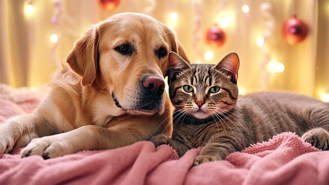 Hund und Katze kuscheln zusammen