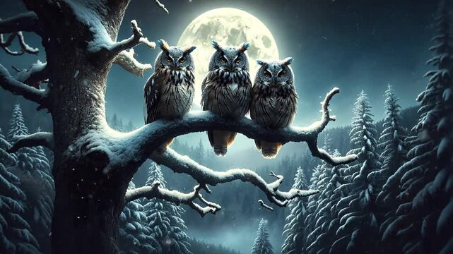 Eulen auf Ast unter Vollmond