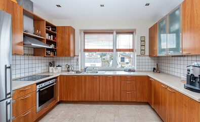Modern luxury kitchen interior in minimal scandinavian style, 3d render
