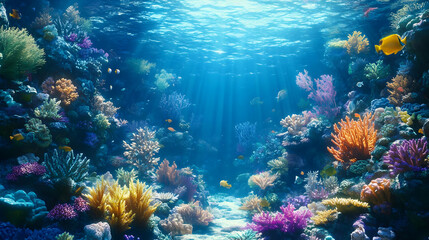 Naklejka premium Vibrant Underwater Coral Reef Scene with Colorful Fish