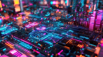 Obraz premium Neon Circuit Cityscape: A Futuristic Digital Metropolis