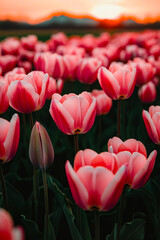 A field of pink tulips with the sun setting in the background