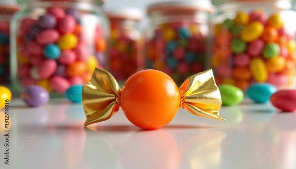 Poster a vibrant orange candy with golden foil wrappers is prominently displayed in the foreground, with ja
