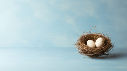 Cozy composition of organic eggs in a nest symbolizing home birth and fertility with a bright and spacious blue background