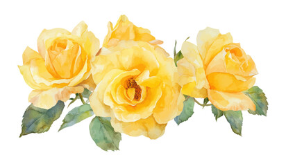 Watercolor Illustration of Lush Yellow Roses with Green Leaves