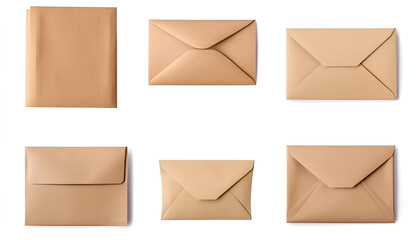 Kraft paper envelopes and blank letter isolated on white, collage