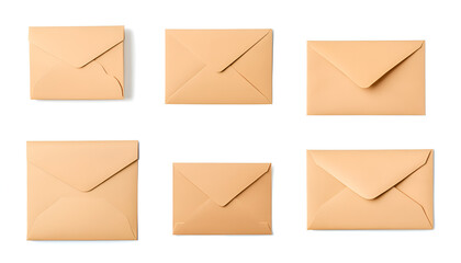 Kraft paper envelopes and blank letter isolated on white, collage