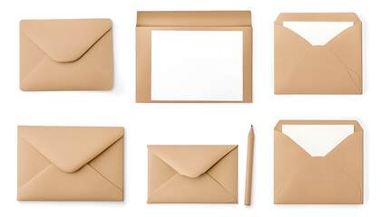 Kraft paper envelopes and blank letter isolated on white, collage