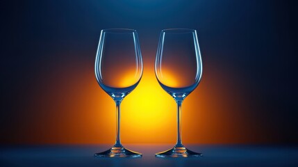 Two elegant wine glasses are silhouetted against a vibrant blue and orange background, creating a striking visual effect.