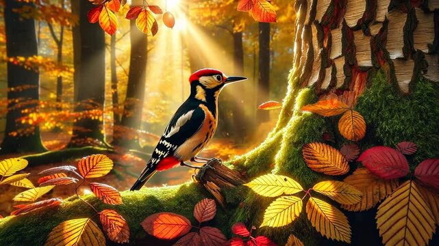 Buntspecht auf Herbstlaub
