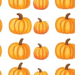 Seamless Pattern With Orange Pumpkins, Illustration. Cute Pumpkins Of Different Sizes On A White Background. Autumn Harvest Festive 