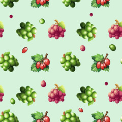 Seamless grape pattern with colorful fruit clusters. Vibrant grapevine digital illustrations in a repeating design