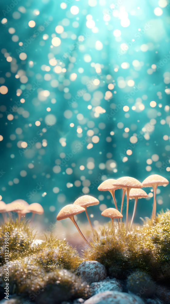 Poster small mushrooms growing on moss and rocks in a magical forest with turquoise blurred background and 