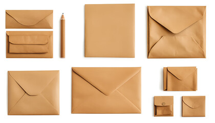 Kraft paper envelopes and blank letter isolated on white, collage