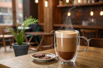 A cozy caf&eacute; scene featuring a steaming latte in a clear glass cup, accompanied by a plate of chocolate treats.