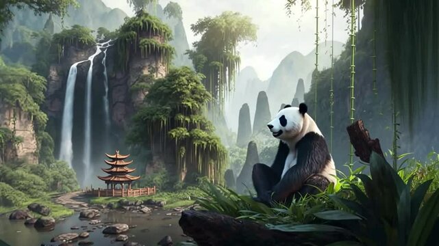 Panda vor asiatischem Tempel mit Wasserfall