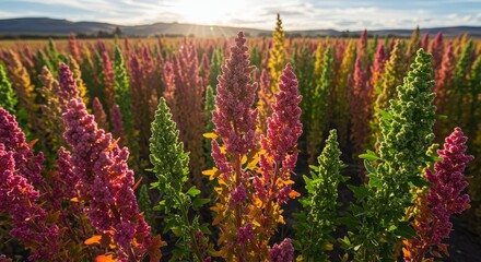 Vibrant Quinoa Field at Sunset - A stunning view of a quinoa field at sunset, showcasing the vibrant colors of the plants