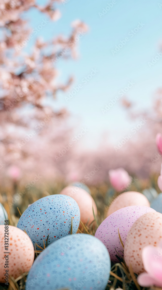 Poster Easter eggs are lying in the grass under a blooming cherry tree in spring, creating a festive and colorful scene