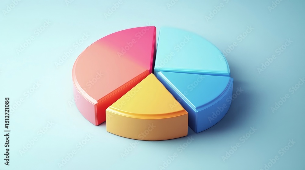 Poster a sleek d pie chart with gradient-colored slices, representing yearly growth data