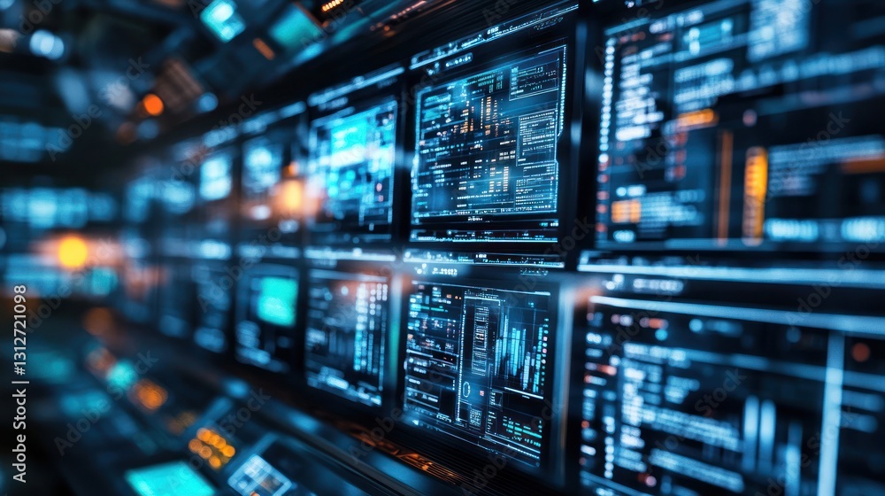 Poster futuristic tech control room: digital data streams and interfaces