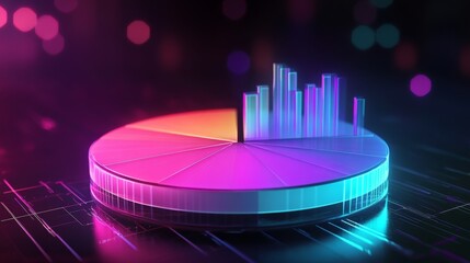 A holographic D pie chart that pulses with neon colors, showing website traffic breakdown