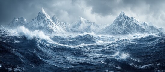 Stormy ocean waves crashing against snowy mountains; dramatic landscape, game background