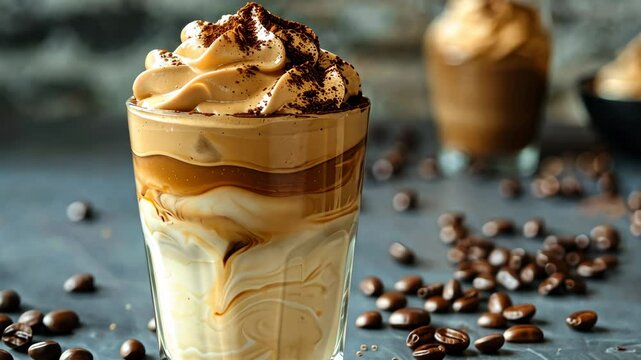 Trendy drink, dalgona coffee. Whipped instant coffee drink