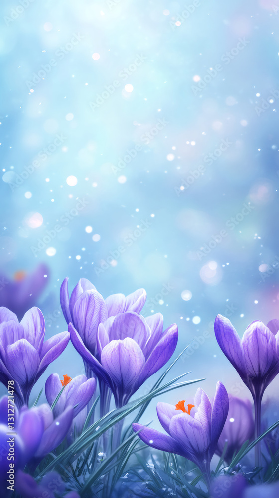 Poster beautiful purple crocuses blooming under a magical snowfall, creating a dreamy and enchanting spring