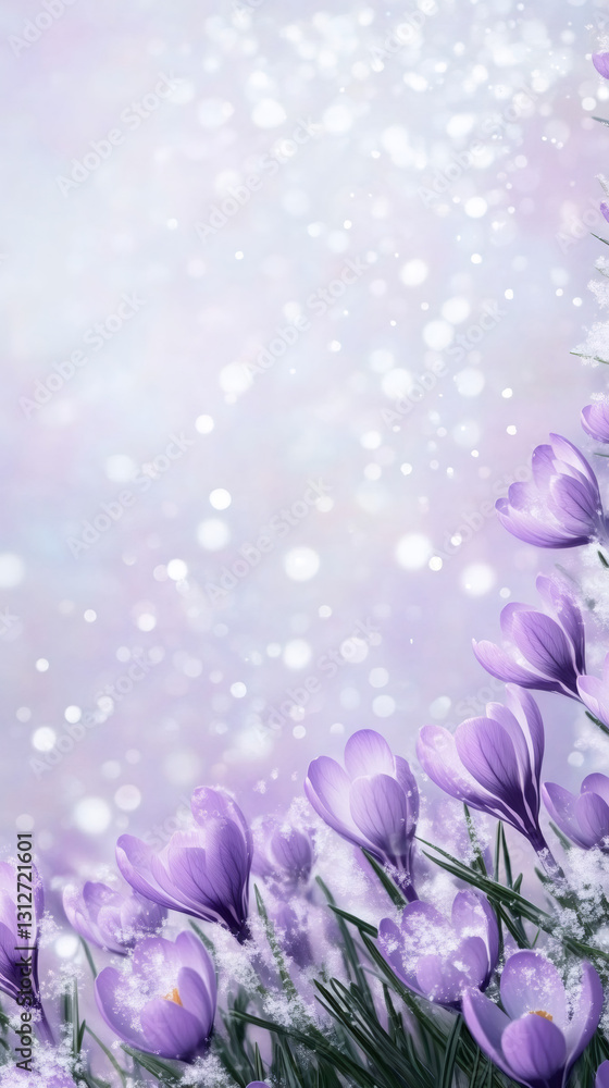 Poster Purple crocuses blooming from under the snow on a beautiful bokeh background create a stunning spring scene