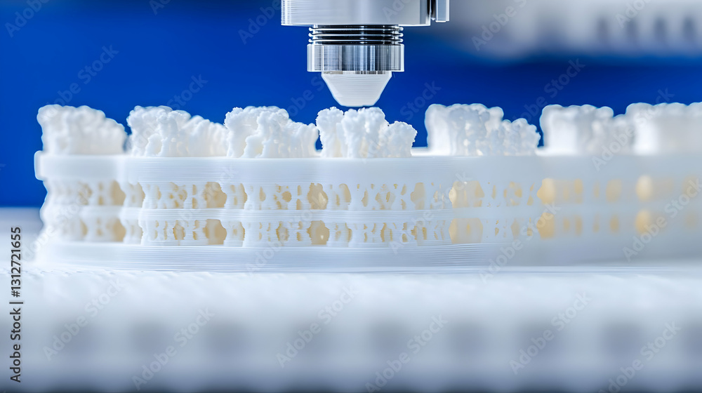 Poster 3d printing process with white material in modern robotics setup