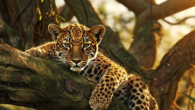 Junger Leopard liegt im Baum