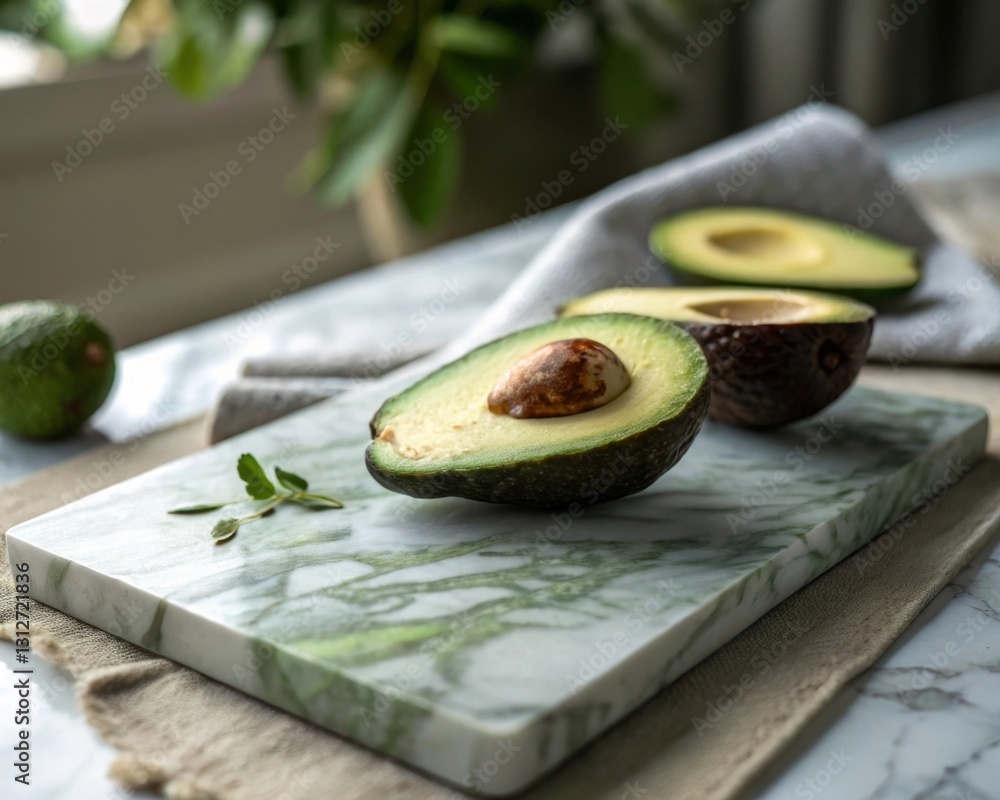 Poster The image features a freshly cut avocado displayed on a marbled cutting board with a soft linen cloth in the background.