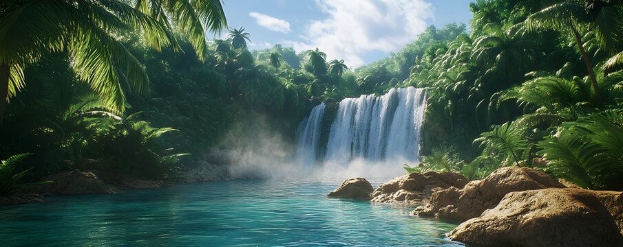 A beautiful tropical waterfall in a dense jungle with clear blue water
