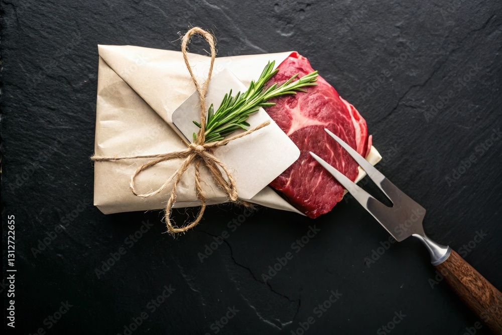 Poster a neatly wrapped package of meat sits atop a dark surface, accompanied by a fork and a sprig of rose