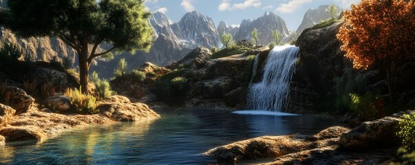 A tranquil waterfall in a peaceful mountain setting