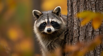Fototapeta premium Autumn Raccoon Portrait: A Curious Glance - A curious raccoon peeks from behind a tree, autumn leaves and sunlight creating a warm, inviting atmosphere. Symbolizing nature, curiosity, autumn