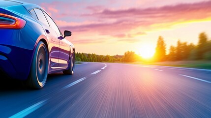 A blue automobile drives along a road during a sunset