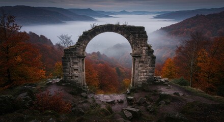 Autumnal Archway to Misty Valley - Stone arch ruin framed by autumn foliage overlooks a misty valley, creating a serene and mysterious landscape