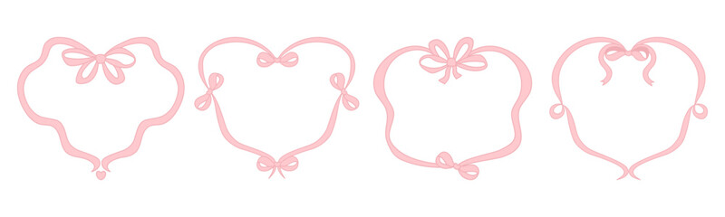 Vintage Coquette Frame with Pink Bows and Ribbons Set. Romantic Girly Vibe. Vector illustration. Isolated Trendy aesthetic Border Template for wedding, birthday, card, party invitations