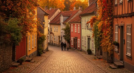 Fototapeta premium Autumnal Cobblestone Street Scene - Charming autumnal street scene with colorful buildings, falling leaves, and people strolling. Perfect for travel, seasonal, or fall-themed projects