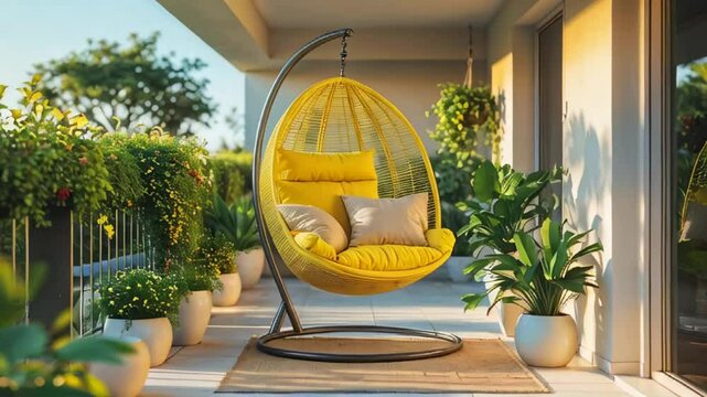 modern hanging chair on outdoor terrace in summer