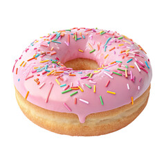 baked donut with pink frosting and colorful sprinkles isolated on transparent background